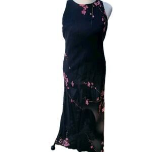 Vintage Y2k 90s Jones Wear Keyhole Back Dress 10 Black Pink Floral Full Length